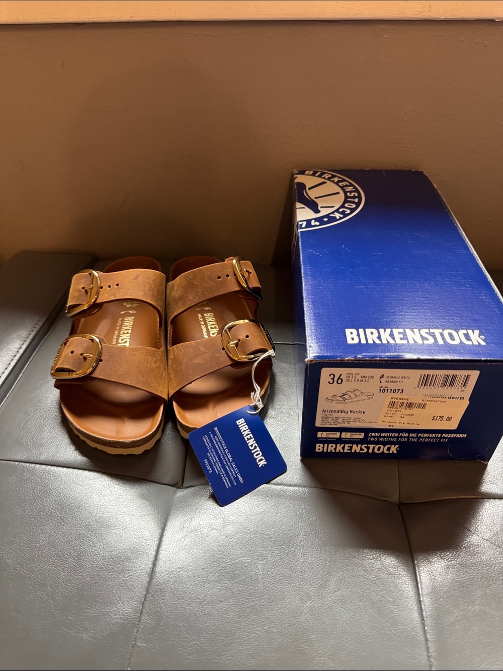 Birkenstock Arizona Sandals in Cognac Brown with Gold Buckles